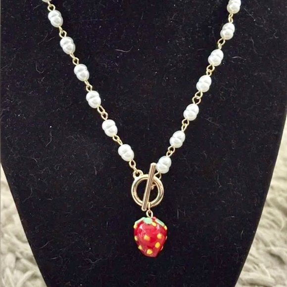 AVARA strawberry necklace With Faux Pearl Chain , NWT 18” - Picture 1 of 5